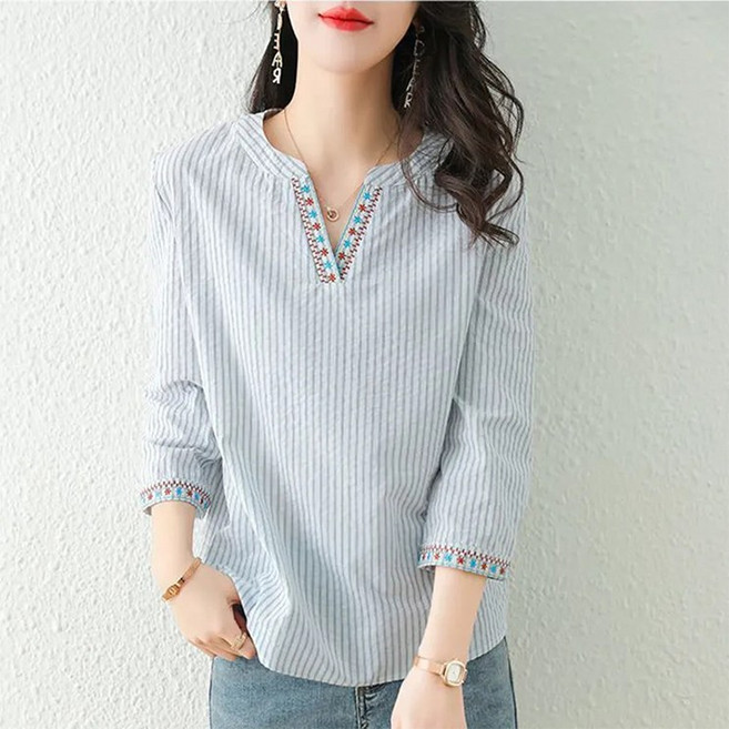 꽃소담 여성 봄가을 브이넥 8부 긴팔 티셔츠 XP1880