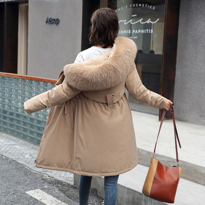 겨울가을 여성 코튼재킷 중간길이 큰 인조밍크 칼라에 플리스 두꺼운면 코트