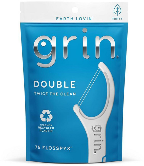 GRIN Double Flosspyx 치실 픽 75개 치실 민트 맛 재활용 플라스틱 강한 치실 2줄 더 긴 치실 헤드 음식과 플라크 트랩 안전하고 부드러운 접이, 75 Foot (Pack of 1)