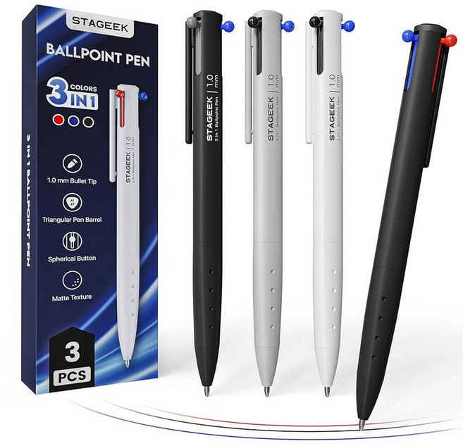 Stageek 멀티컬러 3색 볼펜 3본입 1.0mm 퀵드라이 세트, 3