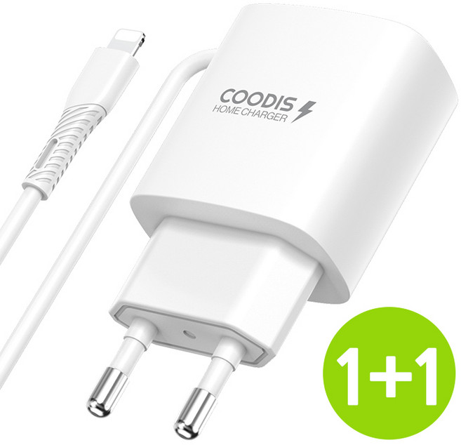 1+1 쿠디스 아이폰 8핀 2.1A 충전 케이블 일체형 충전기, 화이트, 2개