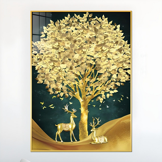 아트블루 부자되는 황금 코인 나무 그림 풍수 인테리어 소품 액자, 1번 커플 사슴 황금나무 [청]배경 [세로]