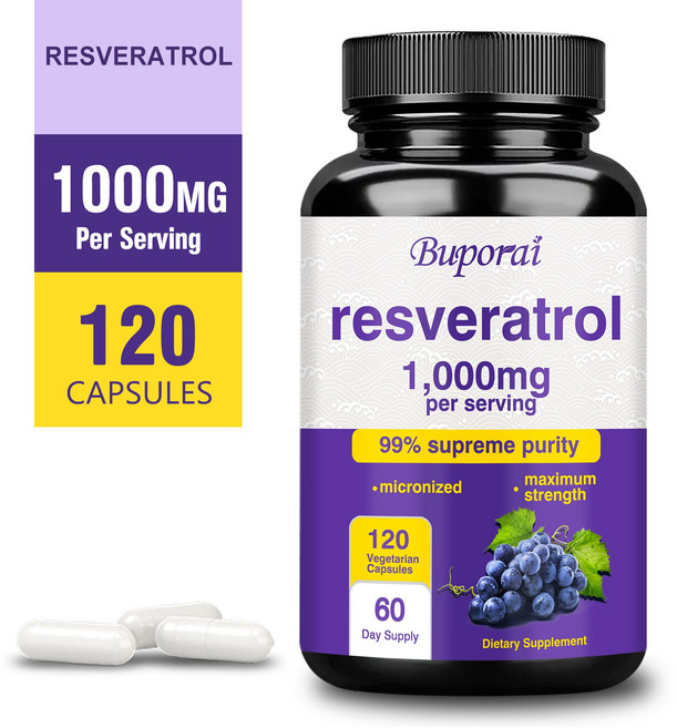 레스베라트롤 1000mg - 심장 건강 두뇌 지원 정신 집중력 면역 지원, 2개, 120정