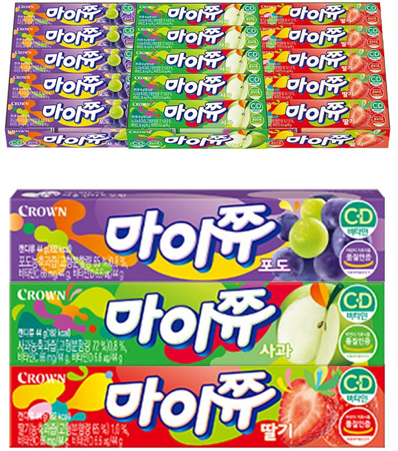 크라운 마이쮸 스틱 44g 3종 세트 (딸기 + 포도 + 사과 / 각 15개씩), 1개