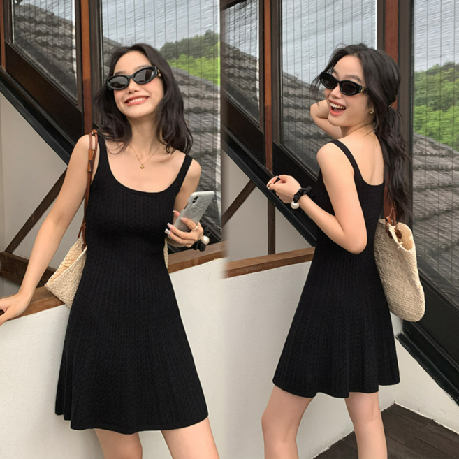 Akimu 여자 민소매 니트 나시원피스 슬림핏 A라인 미니원피스