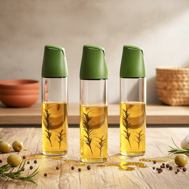 일상가 세척하기쉬운 심플 자동개폐 원형 글라스 유리 오일병 디스펜서 그린, 3개, 500ml