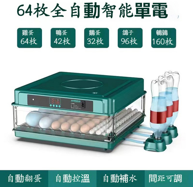 全自動智能孵蛋器 128枚容量 抽屜式孵化箱, 64枚單電【自動上水+自動翻蛋】, 1個