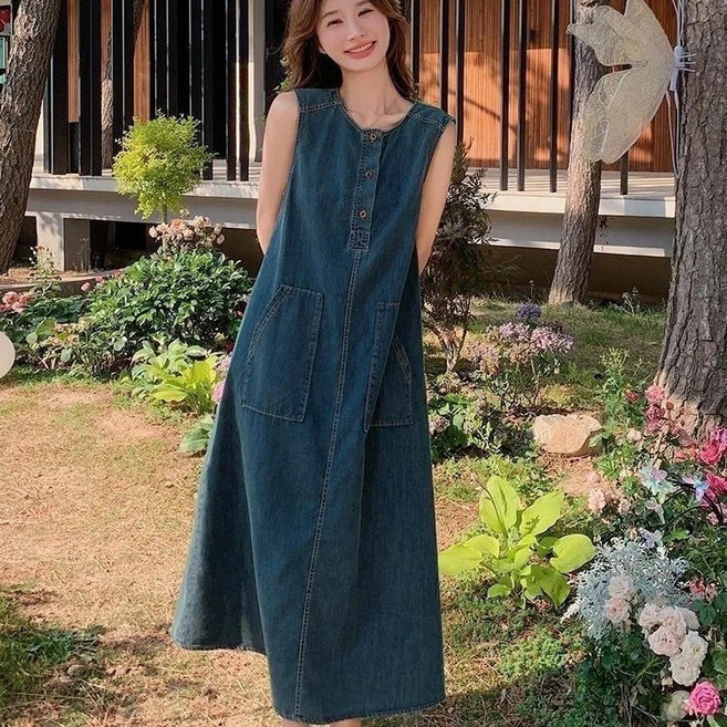 港風藍色無袖背心牛仔連衣裙女夏季
