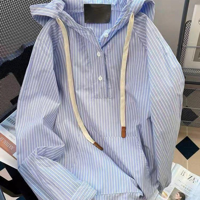 超值 藍色條紋連帽襯衫衛衣女春秋季寬鬆復古休閒外套上衣 副廠產品
