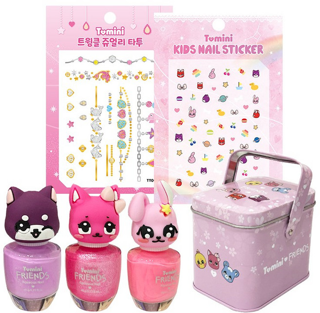 투미니프렌즈수성매니큐어, 1세트, 프렌즈3종+네일스티커1종+쥬얼리타투1종+틴케이스