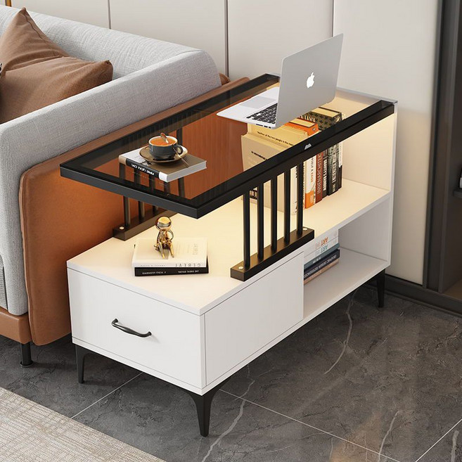 소파테이블 강화유리 거실 티테이블 유리 테이블 수납테이블 사이드테이블 간식 수납장 책장 80*30*58cm, 화이트 캐비닛 + 회색 유리