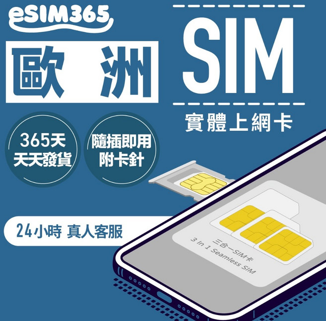 esIM365 歐洲43國實體SIM卡 43多國上網卡, 1個, 【總量型方案】總共5GB,8天