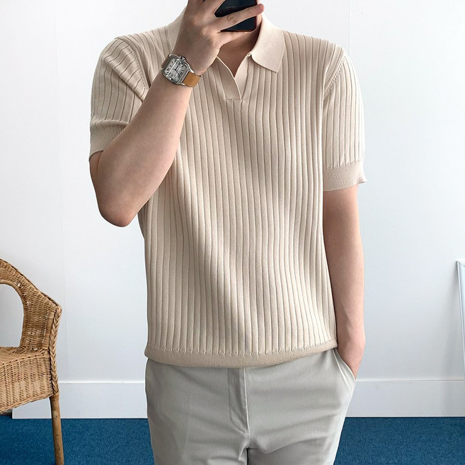 룩플레인 부드러운 여름 골지 오픈카라 남자 반팔 니트