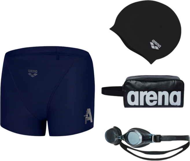 (국내매장판) 아레나 패이드 2부 긴사각 네이비 / 남자 수영복 수경 실리콘 수모 손가방 세트