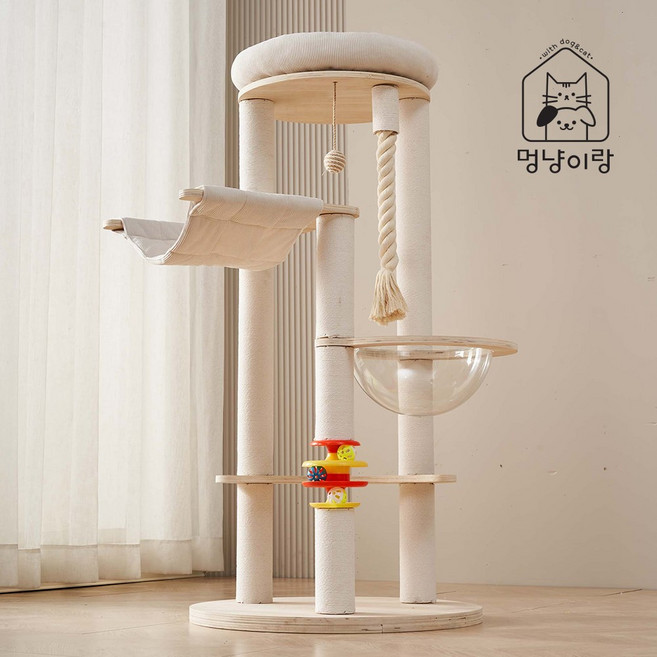 멍냥이랑 원목 캣타워 캣폴 스크래쳐, 1개, 화이트 캔버스 캣타워