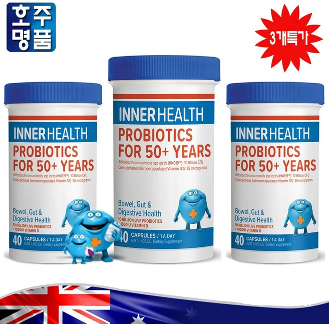 호주 직구 Inner Health 50세 이상 성인을 위한 HN019 100억 프로바이오틱스 비타민 D 영양제 3통 할인가, 3개, 40정 - 쿠팡