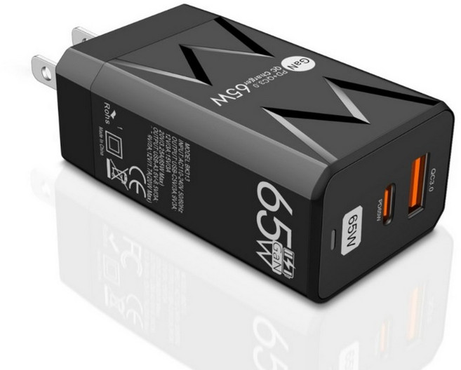 더블 포트 65W USB C 고속 충전기 휴대용 USB 충전기 노트북 및 휴대폰을 위한 간편한 휴대용 고속 충전 어댑터, Black, US Plug, 1개