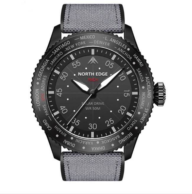 NorthEdge 마하 밀리터리 시계 공군 파일럿 워치 50M 방수 태양광 파워 304 스테인레스 스틸 바디