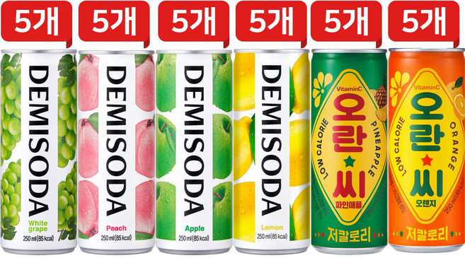 [캔톡톡]탄산음료 데미소다 오란씨 6종 각 5개씩 혼합세트(애플+복숭아+레몬+청포도+오란씨파인애플+오란씨오렌지), 30개, 250ml