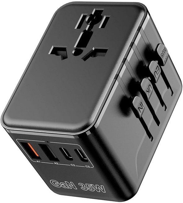 유니버설 트래블 어댑터 - 퓨즈 자동 재설정 기능이 있는 6 in 1 국제 플러그 어댑터 USB-C PD 고속 충전 전 세계 전원 콘센트 유럽 영국 AUS 인도 타입 C /G, Black