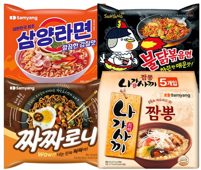 삼양 삼양라면 120g x 5p + 불닭볶음면 140g x 5p + 짜짜로니 140g x 5p + 나가사끼짬뽕 115g x 5p, 20개
