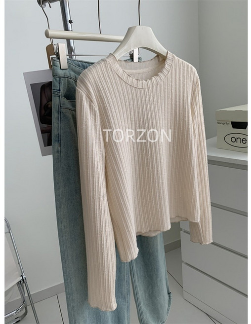 TORZON 여성용기본 라운드 긴팔 니트 티셔츠로 부드럽고 편안한 데이라이프 스트라이프 티셔츠