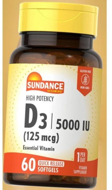 선댄스 D3 5000 IU 의 빠른 방출 소프트젤 고량 필수 비타민 비유전자변형, Unflavored, 60 Count (Pack of 1), 1개, 60정 - 쿠팡