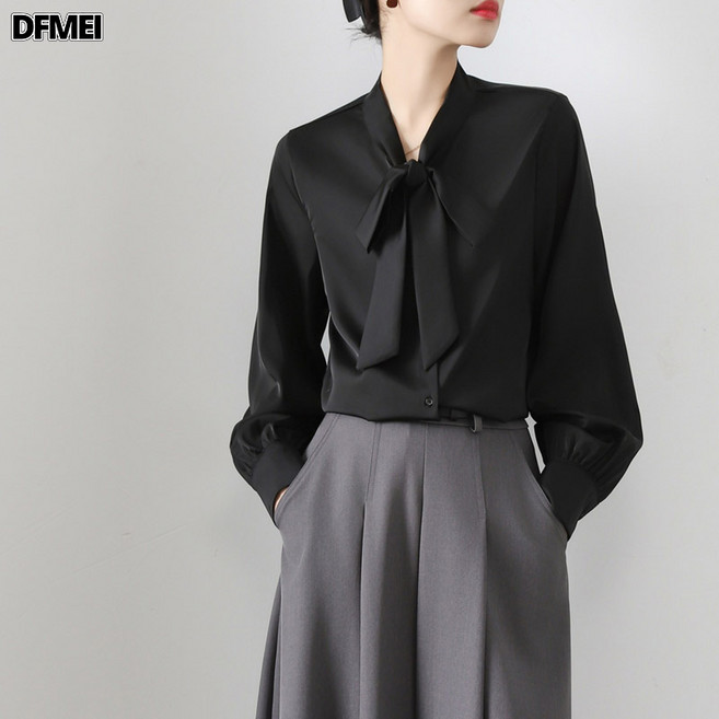 DFMEI 設計感小衆蝴蝶結香檳色緞面襯衫女法式百搭長袖上衣
