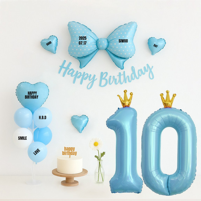 해피제이니 핑크앤블루 대형리본 숫자풍선 생일파티 가랜드 풍선 파티세트(프리레터링시트지 포함), 1세트, 블루리본 10번