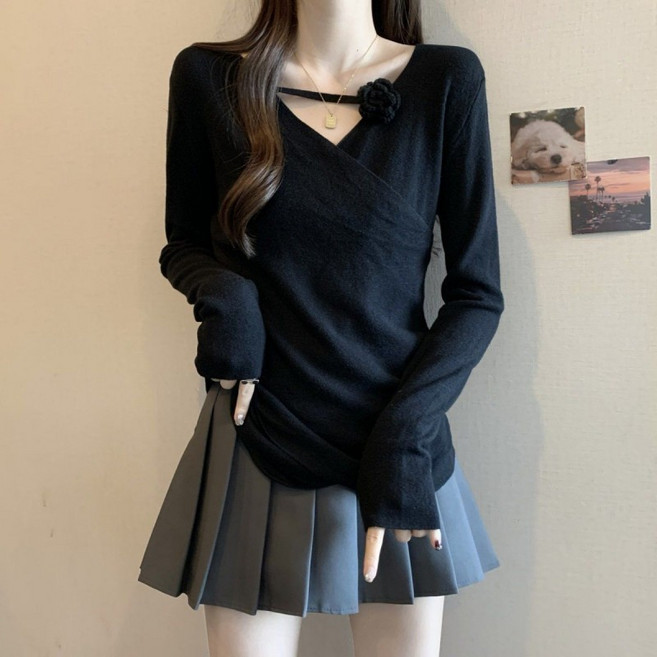 TIMEPURE 여성 100kg까지 빅사이즈 미니멀 카멜리아 장식 긴팔 블라우스 여성 편한 V넥 긴발티