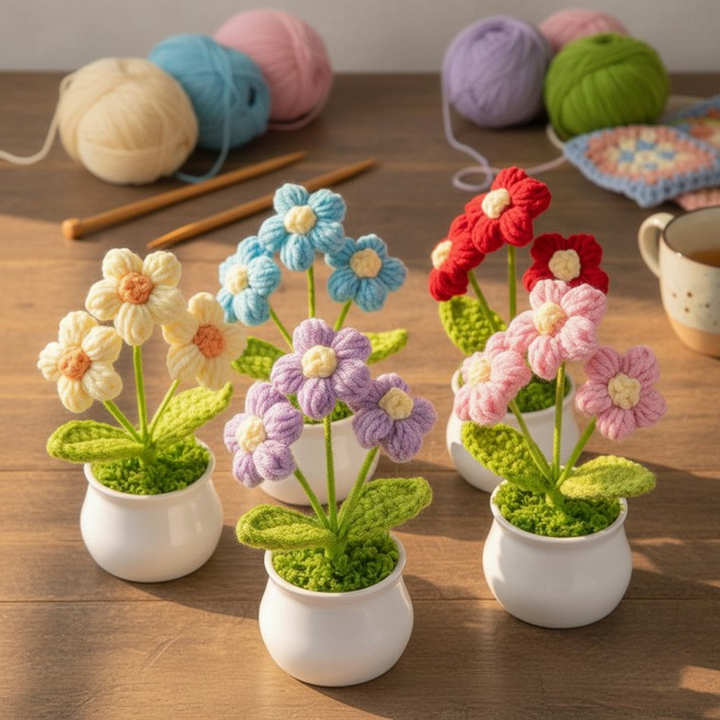 [반애] 니트 꽃다발 화분 뜨개 꽃 미니 꽃다발 조화 니트 플라워 패키지 졸업식, 1개, 뜨개꽃화분 핑크