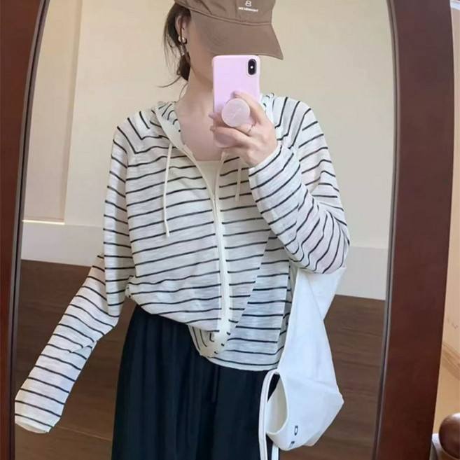 COSYEVNO 여성 여름 긴팔 후드 집업 스트라이프 니트 가디건 BCXfs-9
