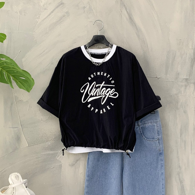 [행복여] 어패럴 배색 레터링 밑단 스트링 루즈핏 아노락 반팔