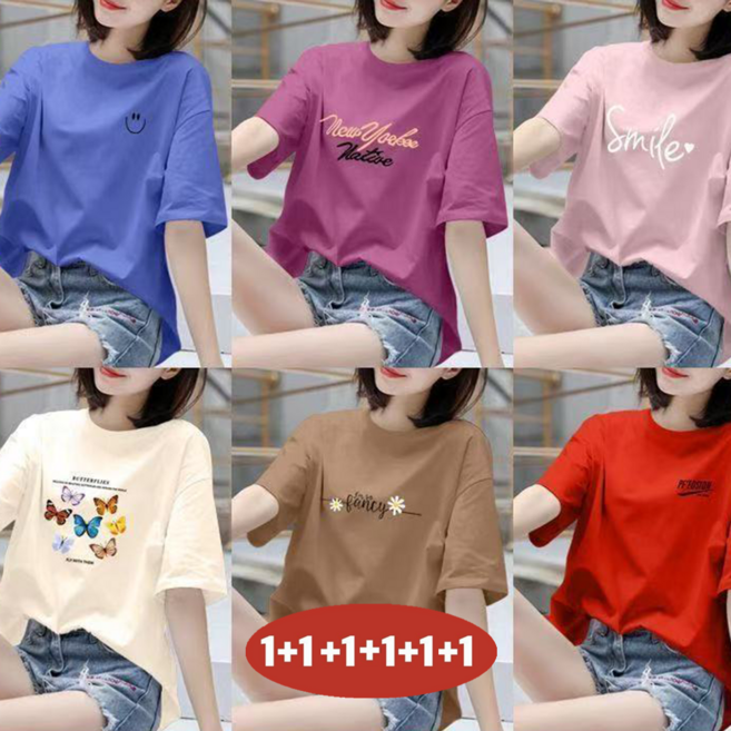오스틱니(완전 편한) 100kg까지 1+1+1+1+1+1 여성 프린트 라운드넥 반팔 티셔츠 여름 추천 빅사이즈 캐릭터 프린팅 홈웨어 학생복 중년 큰옷 여성의류 여자 티 6종 세트
