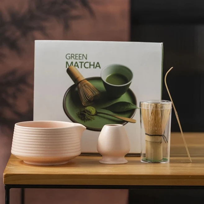 4/7/8pcs 세트 프리미엄 일본 말차 행사 세라믹 Chawan 입 그릇 & 위스키 선물 상자 애호가를위한 도구, 05 4pcs-Pink