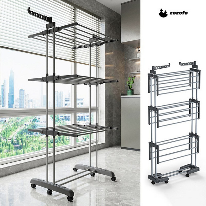 ZOZOFO 이동접이식 빨래건조대 특대형 높이170cm 베란다빨래건조대 이불건조대 수건건조대 이동식 원룸 베란다, 그레이