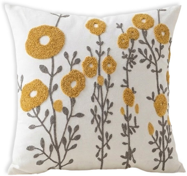 데일리판다 북유럽 옐로우 플라워 자수 쿠션커버 45x45 (솜 미포함)