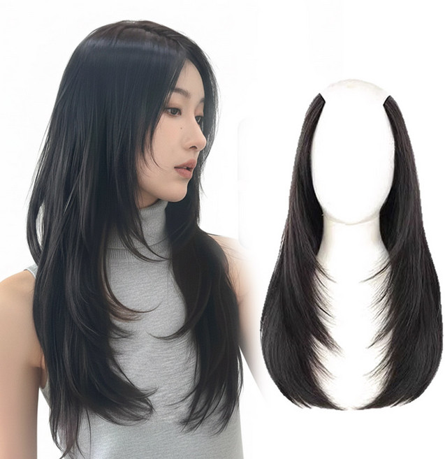 블레오 C컬 레이어드컷 헤어피스 똑딱이 붙임머리, 1개, 내추럴블랙