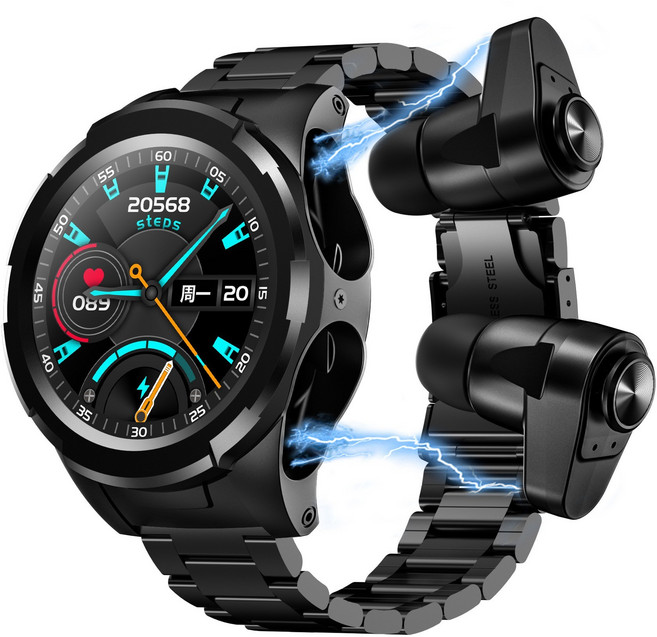 1+1 스마트워치+TWS 이어폰 시계 스마트워치 블루투스 통화 블루투스 시계 무선 이어폰, 블랙 스틸 밴드, 4.8cm