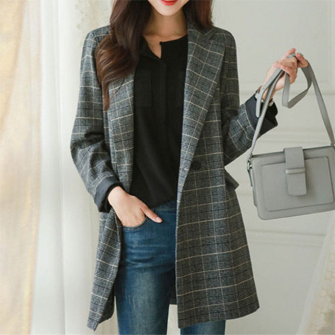 러브베리 봄 가을 오버핏 체크무늬 캐주얼 자켓 JL0068A