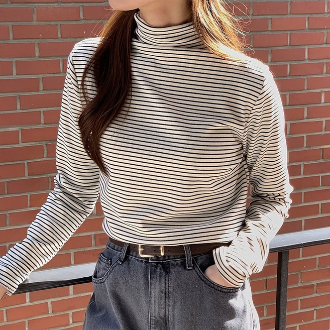 뮤앤뮤즈 [도톰기모] 따뜻한 스트라이프 목폴라 터틀넥 티셔츠 단가라 폴라 긴팔 티
