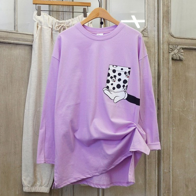 이힝 포켓 미키 프린팅 긴팔 봄 루즈핏 롱티셔츠