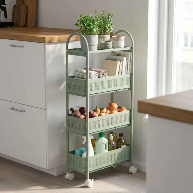 르엘 슬림 이동식 선반 틈새 트롤리, 4단, 그린