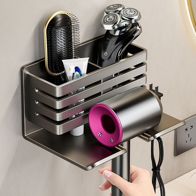 디에스가추몰 무타공 드라이기 거치대 욕실 수납선반 강력접착 녹슴방지, 그레이, 1개