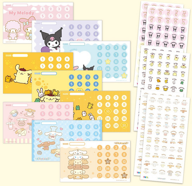 [1+1+1] [대용량] [스티커1 350개+판 27개] 산리오캐릭터즈 칭찬스티커 세트_미니사이즈, 마이멜로디&쿠로미1세트시나모롤1세트폼폼푸린1세트, 1세트