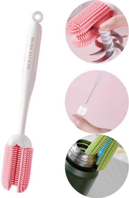 마담봉자 실리콘 3in1 텀블러 물병 틈새 브러쉬 세척솔, 1개, 핑크