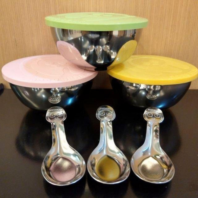 FUCHING 不鏽鋼碗湯匙組 兒童餐具三入套裝, 1個, 現貨不銹鋼碗(三色蓋), 三色