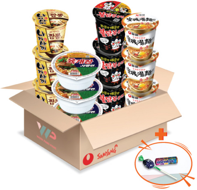 농심 삼양 컵라면 소컵 4종 혼합세트 육개장사발면 3컵+안성탕면 3컵+불닭볶음면 3컵+나가사끼짬뽕 3컵 총 12컵입 미니 멘토스+투시팝 사탕 사은품 2종 증정, 1개