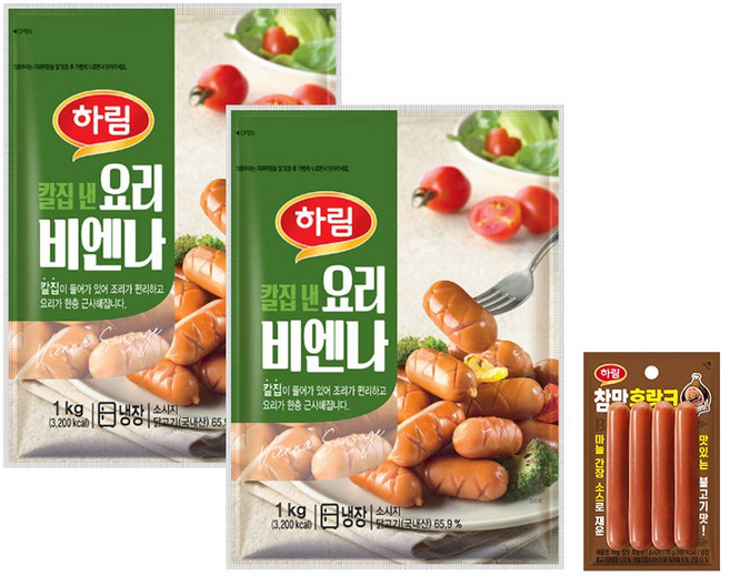 하림 요리비엔나 1kg 2봉+(증정)참맛후랑크 70g, 2개