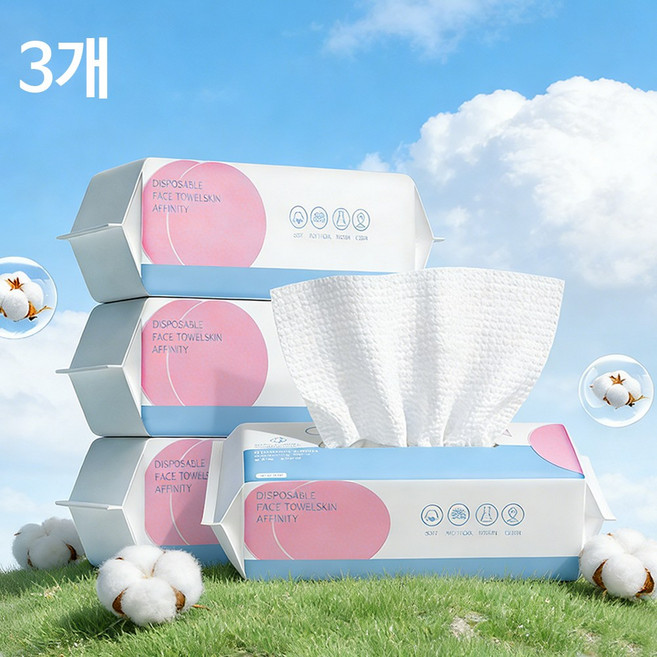 천연 순면 일회용 페이스타올 팝업타입 3개 100매 200x200mm, 100개입